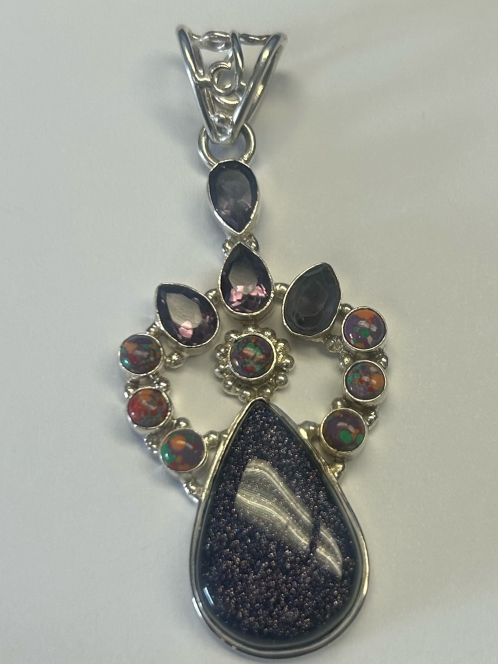 Sterling Silver Auralite Amethyst big Goldstone Crystal Purple gemstones Pendant